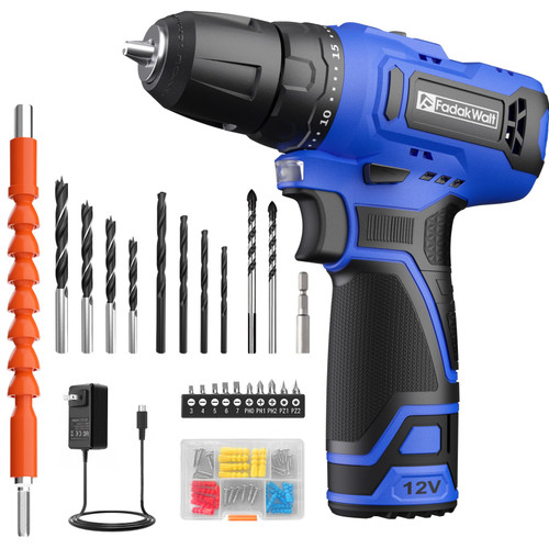 FADAKWALT 12V Cordless Drill/Driver Set,Electric Power Drill Kit with 1 Battery & Charger,3/8 inch Keyless Chuck,2 Variable Speed,20+1 Torque Setting, 310 inch-lbs and Built-in LED Power Drill Kit