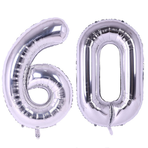 40 Inch Silver 60 Number Balloons Big Giant Jumbo Large Number 60 Foil Mylar Balloons for Women Men Blue 60th Birthday Party Supplies 60 Years Old Anniversary Events Decorations Balloon