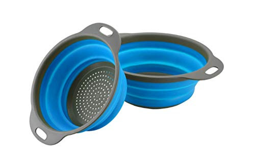 GXABK Collapsible Colander Set, 2 Pack include, Sizes 8" - 2 Quart and 9.5" - 3 Quart, Food-Grade kitchen Strainer, Space-Saver Folding Strainer Colander, Dishwasher Safe (Blue and Grey)
