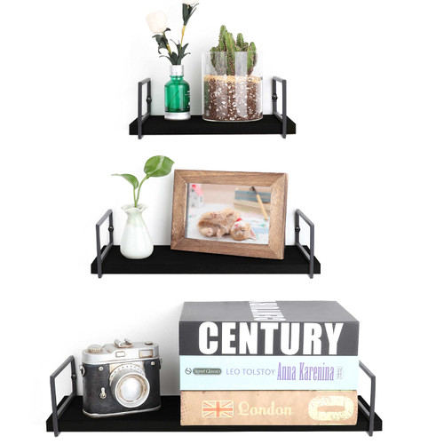Meangood Floating Shelves Wall Mounted Set of 3, Rustic Wood Wall Storage Shelves for Bedroom,Living Room,Bathroom, Kitchen Black