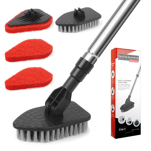 Tub Tile Scrubber Brush 2 in 1 Scrub Cleaning Brush with Long Handle 47" Adjustable Telescopic Pole Stiff Bristles Scouring Pads for Cleaning Bathroom Kitchen Toilet Shower Wall Sink Non-Scratch
