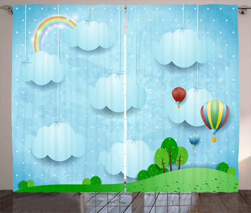 Ambesonne Cartoon Curtains, Themed Balloons Clouds and Stars on The Hills Style Design, Living Room Bedroom Window Drapes 2 Panel Set, 108" X 84", Blue