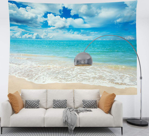 HIYOO Beach Waves Tapestry Wall Hanging Blue Sky Coulds Nature Tapestry Tropical Ocean Sea Seashore Coast Wall Tapestries Decor for Dorm Bedroom, Home Wall Background - 80" W x 60" L