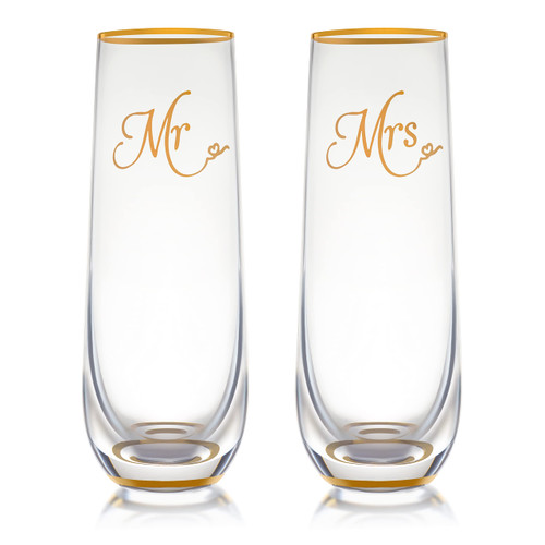 Stemless Wedding Champagne Flute - Mr And Mrs Champagne Flutes With Gold Rim & Base - Wedding Gift For Bride And Groom Champagne Glass - Bride Gift - Mr And Mrs Gift Set of 2 By Trinkware