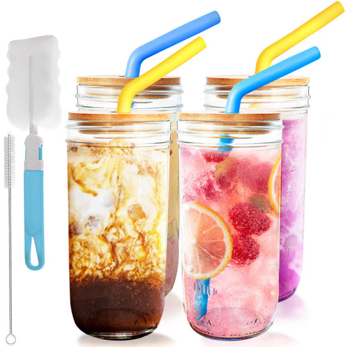 BESTBEL 4 Pack Mason Jar Cups with Lids and Straws,24 OZ Wide Mouth Mason Jar Mugs with Bamboo Lid and Silicone Straw,Mason Jar Drinking Glasses for Smoothie and Iced Coffee