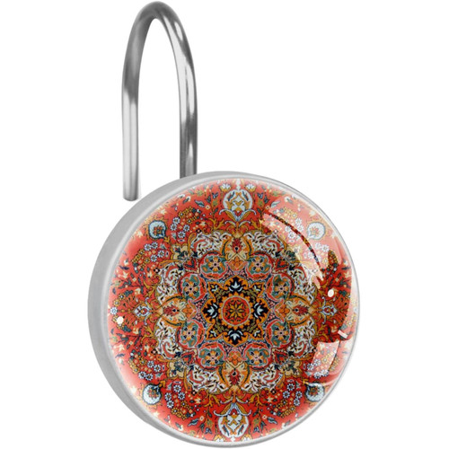 Shower Curtain Hooks, Rust Proof Decorative Shower Curtain Hooks Hangers for Bathroom Curtains, Clothing, Moroccan Pattern Vintage Red Ethnic Tribal