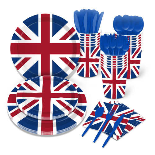 141 PCS British Flag Party Supplies Tableware Set Union Jack Party Supplies Union Jack Tableware Including Union Jack Paper Plates Dessert Plates Cups Napkins Disposable knives spoons straws,Serves 16