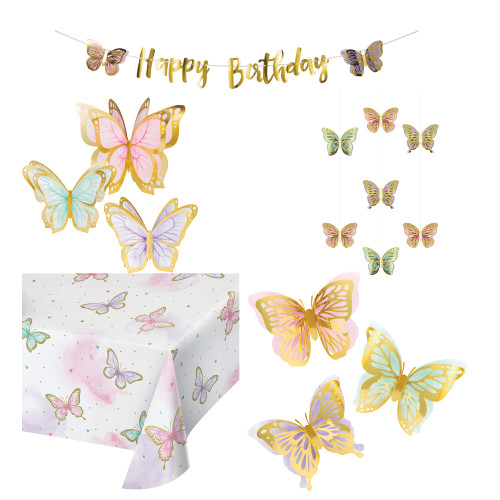 Party Creations Butterfly Birthday Themed Party Supply Decoration Kit Bundle Includes Banner, Centerpiece,Cutouts, and Tablecover