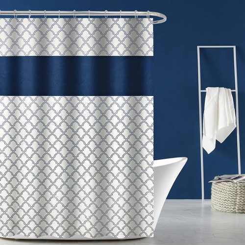 YUNTAINN Moroccan Fabric Shower Curtain - Lattice Geometric Quatrefoil Pattern Striped Printed Waterproof Shower Curtain for Bathroom with 12 C-Shaped, 72 x 84 Inches Long, Navy Blue