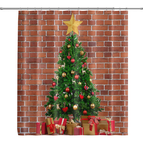 QZJDX Christmas Shower Curtain for Bathroom Green Christmas Tree Xmas Gifts Red Brick Wall for New Year Decor Polyester Fabric Bath Curtains 70"x70"