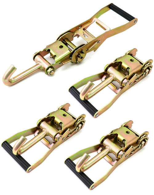 QWORK Ratchet Tie Down Buckle with Long Single Hook, 4Pack 2" Tie-Down Ratchet Straps Finger J-Hooks, Cargo Truck Security