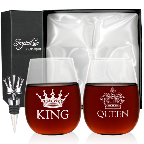 ImpiriLux King and Queen Stemless Wine Glass Set with Wine Bottle Stopper | Beautiful Gift for Newlyweds, Engagements, Anniversaries, Weddings, Parents, Couples, Christmas - Novelty Drinking Glassware