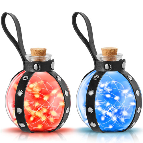 2 Pcs Cork Potion Bottle Cosplay Accessories Wizard Potions Glass with Faux Leather Belt Witch Props 66 ft LED Spherical Potion Bottle for Halloween Party Decorations (Black Rivet, Red Blue Light)