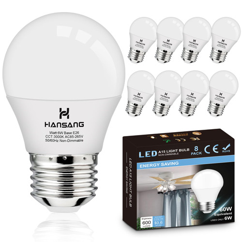 hansang 8 Pack E26 Appliance Light Bulb, 3000K Soft White, 60 Watt Equivalent Small Light Bulb, E26 LED Bulb for Ceiling Fan, A15 Light Bulb, 600lm 120V, CRI85+, Eye Protection, 120V, Non-Dimmable