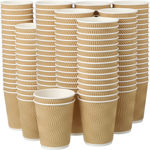 200 Pack 12 oz Paper Cups Bulk Disposable Ripple Insulated Ripple Wall Paper Coffee Cups Kraft Hot Beverage Cups Hot Paper Coffee Cups for Hot Beverage or Cold Drinks Office Home Party (Brown)