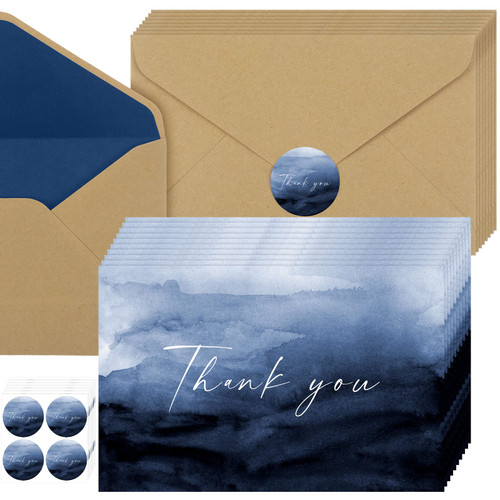 100 Pcs Thank You Cards with Envelopes 100 Stickers, Classy Thank You Notes Set Printable Thank You Gift Card Thank You Business Card with Brown Kraft Style Envelopes (Blue)