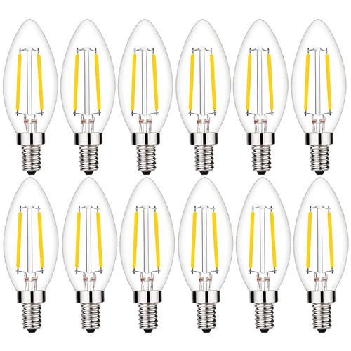 2W LED Candelabra Bulb 2700K Warm White 25W LED Light Bulbs Dimmable E12 Base LED Candle Bulbs, B11 Torpedo Decoration Clear Glass Chandelier Light Bulb, 12 Pack