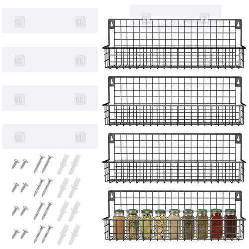 meluke Wall Mounted Spice Rack Organizer for Cabinet Door, 4 Tier Metal Hanging Seasoning Jar Storage Rack Condiment Bottle Organizer Holder Rack for Kitchen, Cabinet, Cupboard, Pantry Door (Black)