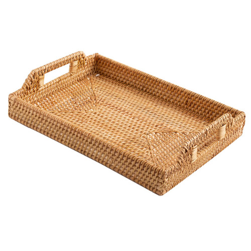 Rectangular Rattan Serving Tray with Handles, Handwoven Wicker Decorative Display Serving Platters for Coffee, Breakfast, Drinks, Snack Multi-Purpose Dining Table Desktop Organiser Tray(L)
