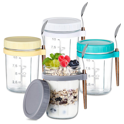 4 Pack Overnight Oats Jars, Overnight Oats Containers with Lids and Spoons, 16 Oz Glass Mason Jars for Overnight Oats Leak Proof Oatmeal Container Great for Cereal, Yogurt, Milk, Salads, Fruit