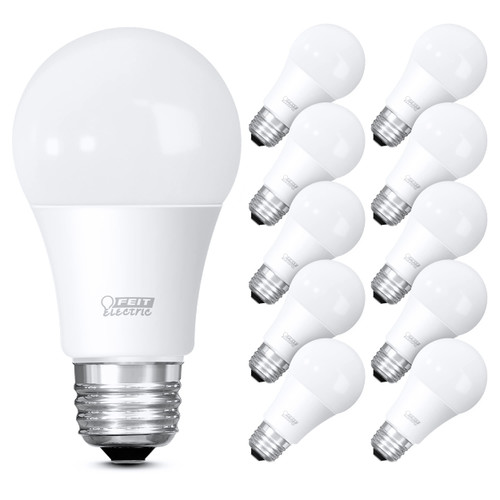 Feit Electric, LED Light Bulbs, 60W Equivalent, Non Dimmable, 3000k Bright White, 800 Lumens, 10 Year Lifetime, E26 Base, A19 LED Light Bulbs, CRI 90, UL Listed, Damp Rated, 10 Pack, OM60/930CA10K/10