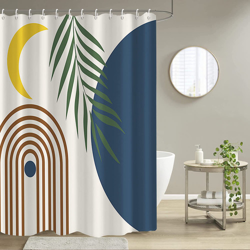 Umpoo Mid Century Abstract Boho Shower Curtain for Bathroom Moon Eucalyptus Leaves Shower Curtains Navy Blue Waterproof Modern Minimalist Geometric Aesthetic Shower Curtain Decorative, 60x72 Inch