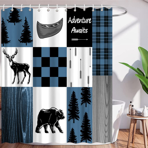 GCTNBJL Rustic Cabin Lodge Deer Bear Shower Curtain Wild Animal Black Bear Moose Deer Blue Buffalo Plaid Checks Country Hunting Camping Bathroom Decor Fabric Curtain with Hooks