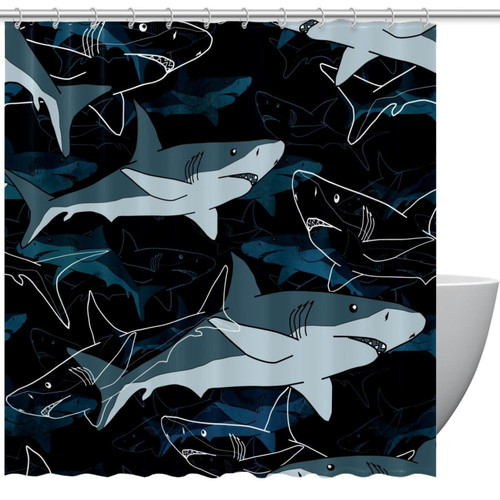 VAPOKF Shower Curtain for Bathroom Decor, Sea Sharks Blue Background Waterproof Polyester Fabric Bath Curtain Set with 12 Hooks - 60x72 Inches