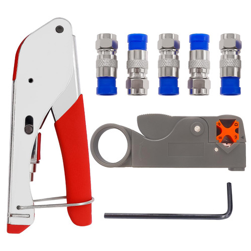 mxuteuk RG59 RG6 Coax Cable Crimper Tool Kit Coaxial Compression Tool Fitting Wire Stripper With 5pcs F Type RG6 Compression Connectors