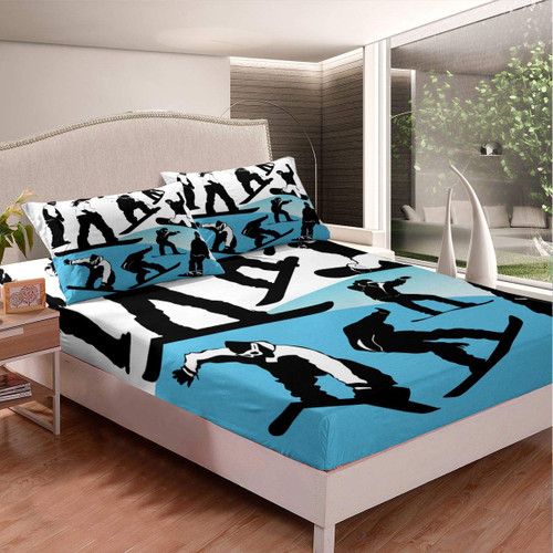Feelyou Skiing Bed Sheet Set Snow Mountain Bedding Set for Boys Girls Children Extreme Sports Fitted Sheet Room Decor Snowboard Snow Blue Bed Cover No Flat Sheet Queen Size 3Pcs