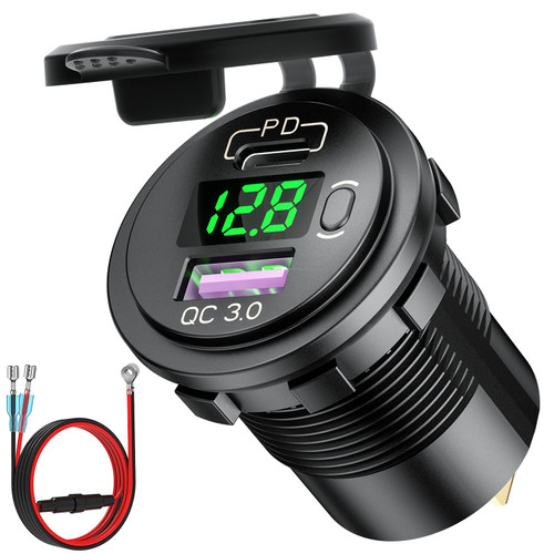 Cllena USB C PD 3.0 & Quick Charge 3.0 Dual USB Charger Socket, 12V/24V Waterproof Power Outlet Fast Charge with LED Voltmeter and ON/Off Switch for Car Boat Marine RV ATV Bus Truck Golf Cart