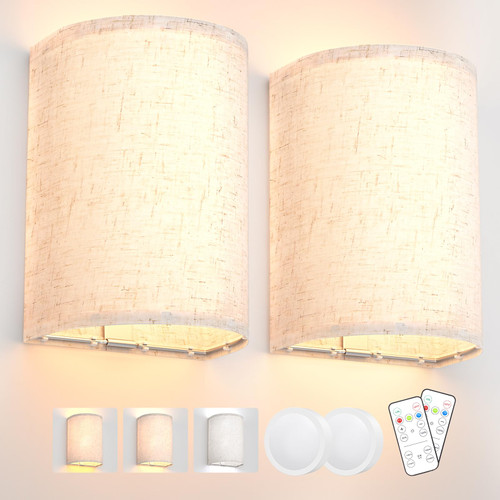 Wall Sconces Set of Two, Battery Rechargeable 3 Colors Changeable Dimmable Wall Lights Fixtures with Remote Control Fabric Height Wall Lamp Sconces for Bedroom Living Room Hallway
