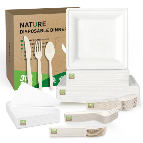 FEHHTO Compostable Paper Plates Set, 300PCS Disposable Heavy-Duty Plate and Utensils, Eco Friendly Biodegradable Dinnerware Kit Includes Plates, Forks, Knives, Spoons and Napkins for Party 50 People