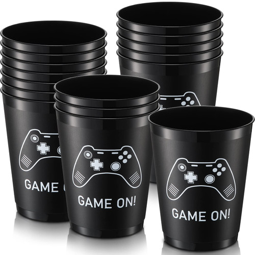 50 Pcs Video Game Party Cups Video Game Themed Party Supplies Video Game Party Favors Reusable 16 oz Plastic Gamer Cup for Boys Gamer Adults Gaming Birthday Party Decorations, Black