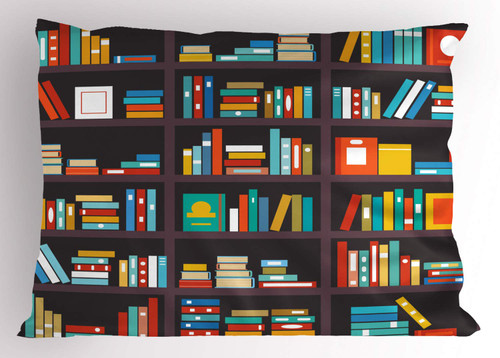 Ambesonne Bookshelf Pillow Sham, Library Themed Cartoon with Shelves Full of Books Study Print, Decorative Standard Size Printed Pillowcase, 36" X 20", Multicolor