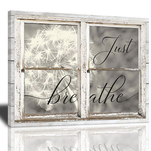 Just Breathe Canvas Wall Art Beautiful Dandelion And Window Inspirational Pictures Motivational Quotes Poster Framed Wall Decor For Office Bedroom Ready To Hang 20x24 Inches