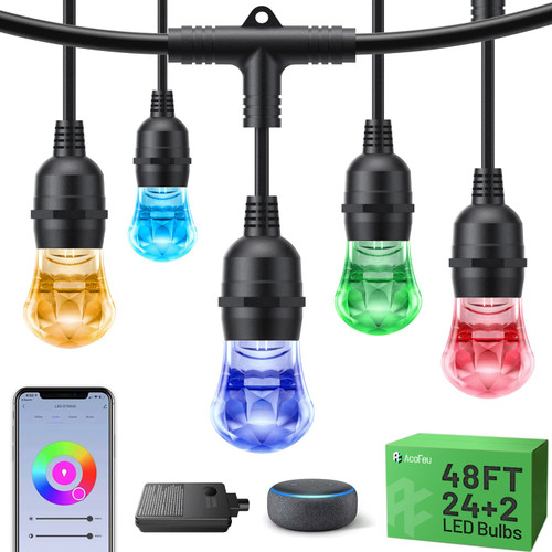 AcoFeu RGB Outdoor String Lights with WiFi, 48FT 24 LED Acrylic IP65 Waterproof Dimmable Bulbs, Color Changing/Timed String Lights for Garden, Backyard, Patio Cafe, Holiday Party Decor AcoFeu RGB Outdoor String Lights with WiFi, 48FT 24 LED Acrylic IP65 Waterproof Dimmable Bulbs, Color Changing/Timed String Lights for Garden, Backyard, Patio Cafe, Holiday Party Decor