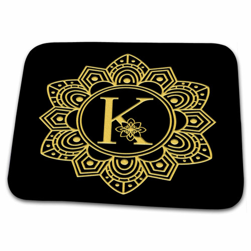 3dRose Floral mandala monogram. Gold on black design. Alluring... - Dish Drying Mats (ddm-346869-1)