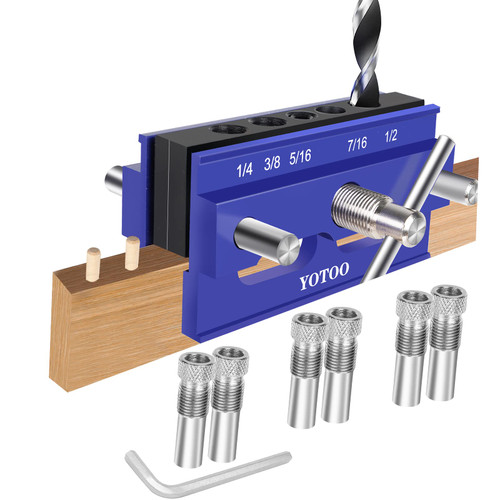 YOTOO Self Centering Doweling Jig Kit, Drill Jig with 6 Drill Guide Bushings, Adjustable Width Drill Jig Drill Guide for Straight Holes, Power Tool Accessory Jigs (Blue)
