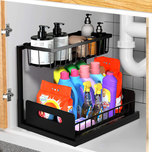 Under sink organizer, Furihshe kitchen storage pull out double shelf drawer 2-Tier Slide Out Sliding Shelf Under Cabinet Storage Multi-Use for Under kitchen sink organizers and storage, Black