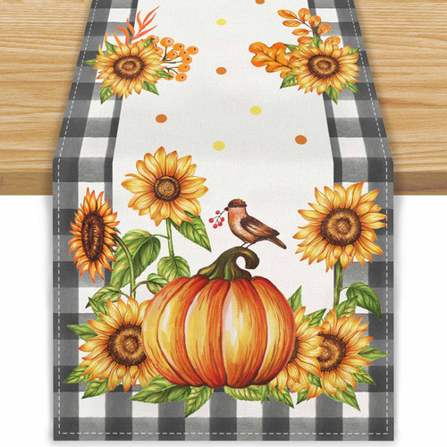 FARMNALL Linen Buffalo Check Plaid Pumpkin Sparrow Sunflower Fall Table Runner Farmhouse Autumn Thanksgiving Fall Decor Kitchen 13x72 Inch Holiday Farmhouse Sunflower Fall Decorations for Home