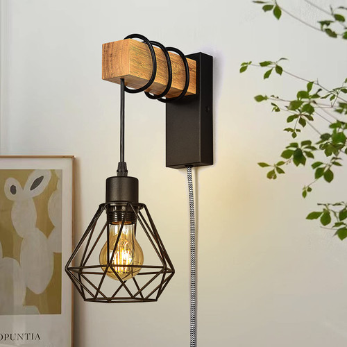 Modern Plug in Wire Wood Cage Wall Lamp Industrial Rustic Lift Pipe - Retro Pendant Lamp Adjustable Hanging Wall Mount Lights Fixture - Wall Sconces Decoration for Indoor Living Room Bedroom (Black)