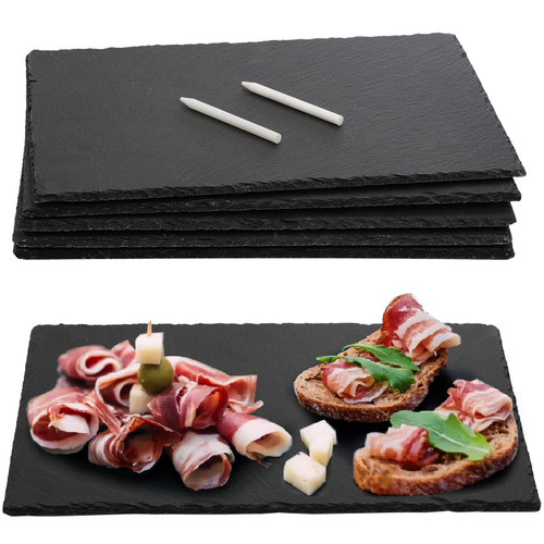 Hacaroa 6 Pieces Slate Cheese Board with 2 Chalks, 12" x 8" Black Charcuterie Boards Natural Slate Stone Plate Tray, Gourmet Serving Platter for Meats, Fruits, Parties, Appetizers