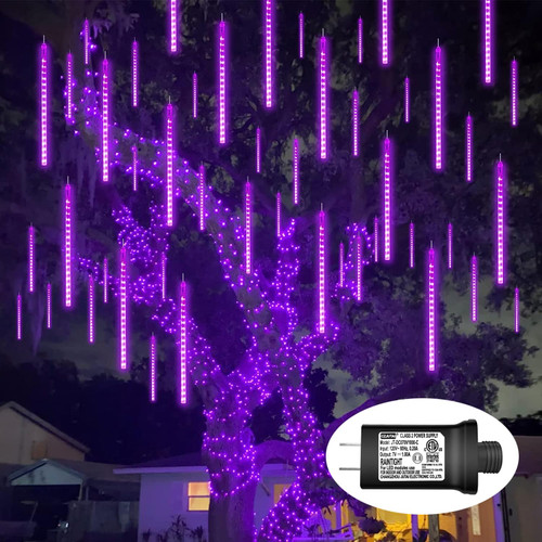 QITONG Purple Halloween Lights Outdoor Waterproof, 8 Tubes 192 LED Meteor Shower Rain Lights, String Lights Plug in Snowfall LED Lights Falling Rain Lights for Halloween Tree Holiday Party Christmas