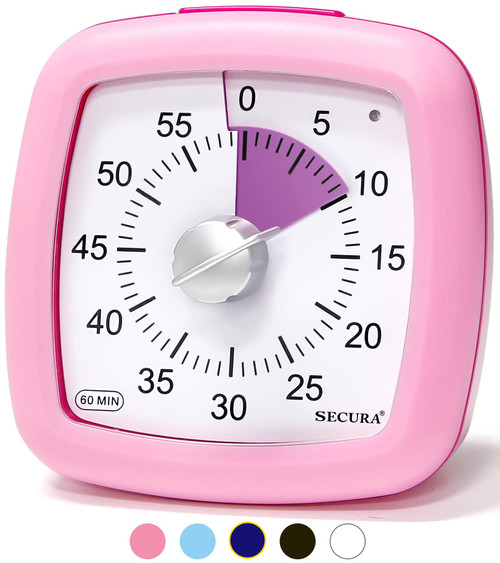 Secura 60-Minute Visual Timer, Silent Study Timer for Kids and Adults, Time Clocks, Time Management Countdown Timer for Teaching Pink