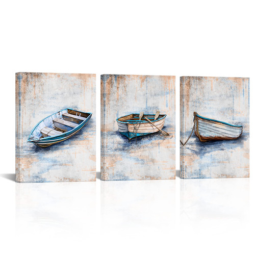 KLVOS Coastal Beach Canvas Wall Art Blue Sailing Boat Painting Pictures Framed Abstract Nautical Artwork for Bathroom Living Room Bedroom Home Decoration 12x16inchx3PCS