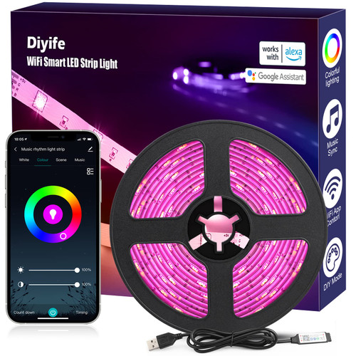 Diyife 16.4FT/5M WiFi Smart LED Strip, Smart LED Light Strip Compatible with Alexa and Google Home, App/Voice Control, 150 LEDs, Music & Voice Sync for Party, Kitchen, Ceiling, Playroom