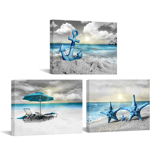 YeiLnm 3 Piece Beach Nuatical Canvas Wall Art Blue Seascape Anchor Starfish Painting Prints Ocean Sea Pictures Coastal Canvas Artwork Home Bathroom Bedroom Kitchen Decor Framed Ready to Hang