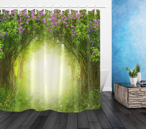 LB Spring Floral Shower Curtains for Bathroom,Wisteria Flowers Forest Tree Plant Green Leaf Grass Dawn Shower Curtain Set with Hooks,72x78 inch Extra Long Polyester Fabric Waterproof