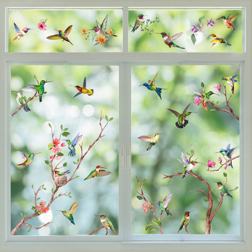 Yovkky Spring Summer Hummingbirds Tree Branches Window Clings 9 Sheets, Prevent Bird Strikes Flowers Stickers Decal Decor, Anti-Collision Home Kitchen Office Fridge Decorations DIY Supply Double Sided